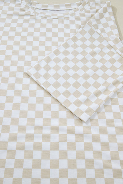 Khaki Checkered Print Half Sleeve Tee 2pcs Lounge Pant Set