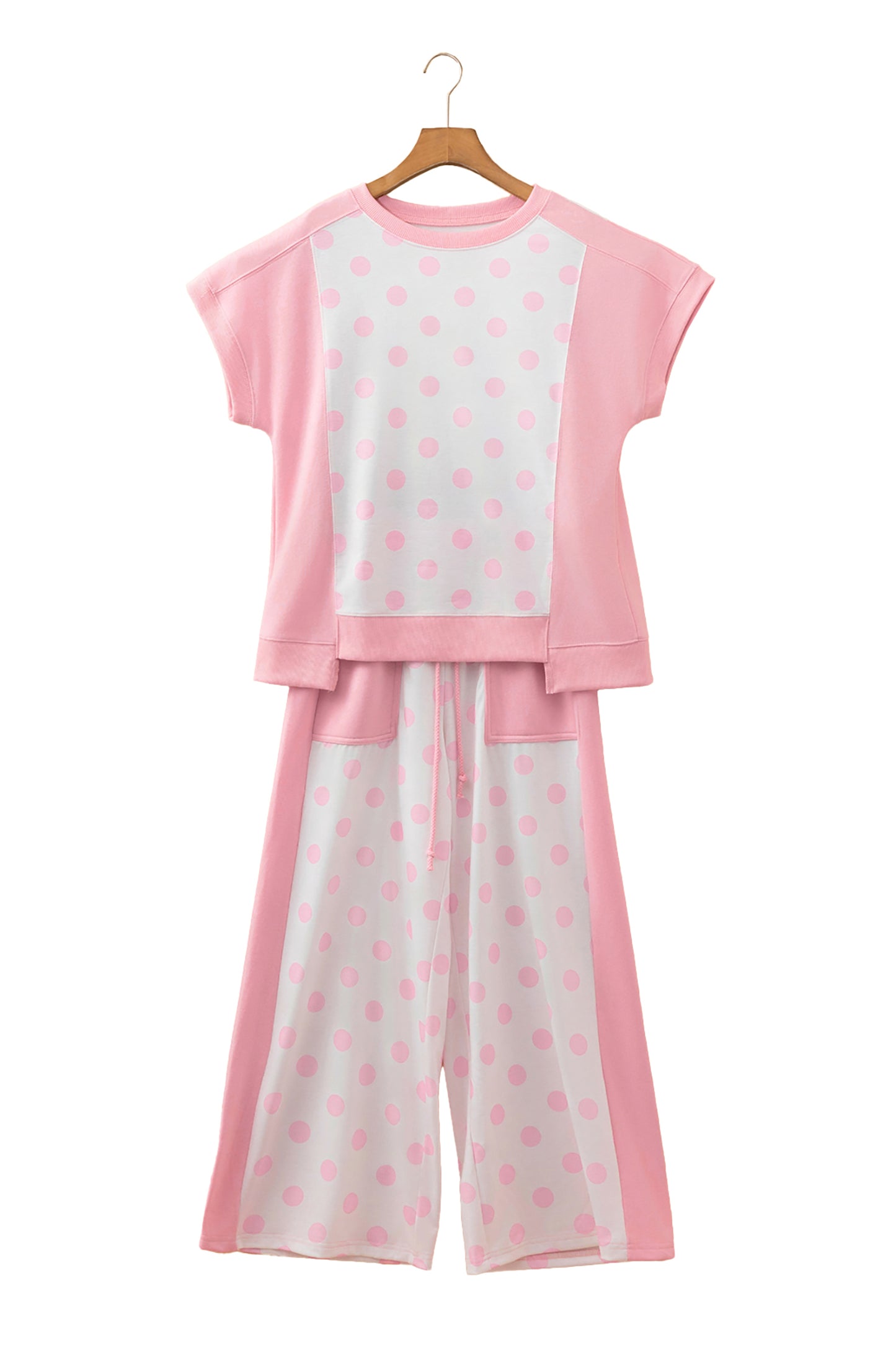 Color Block Patchwork Polka Dot Wide Leg Pant Set