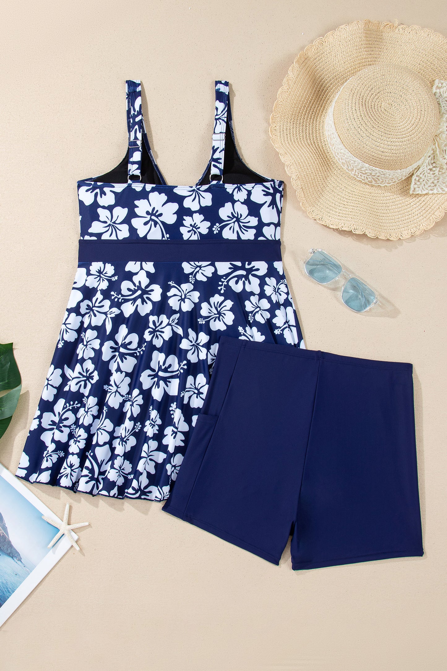 Navy Blue Color Block Patchwork Bow Knot Detail Sleeveless Swim Dress