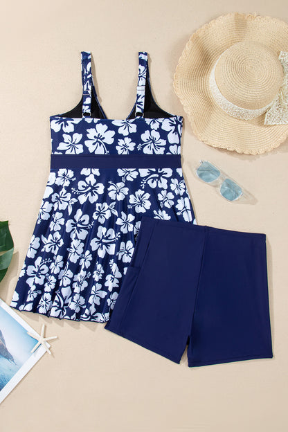 Navy Blue Color Block Patchwork Bow Knot Detail Sleeveless Swim Dress