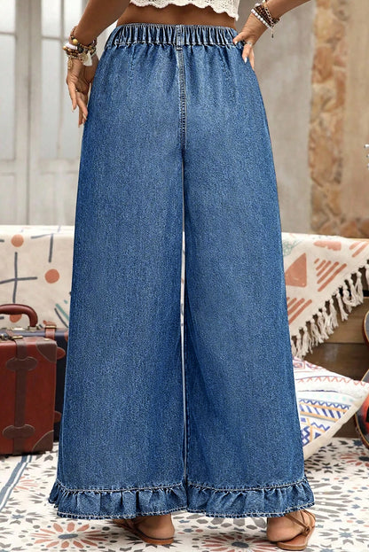 Black Plus Size Elastic Waist Ruffled Wide Leg Denim Pants
