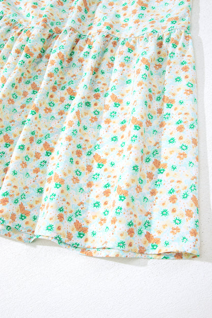 Floral Short Bubble Sleeve Shirred High Waist Maxi Dress