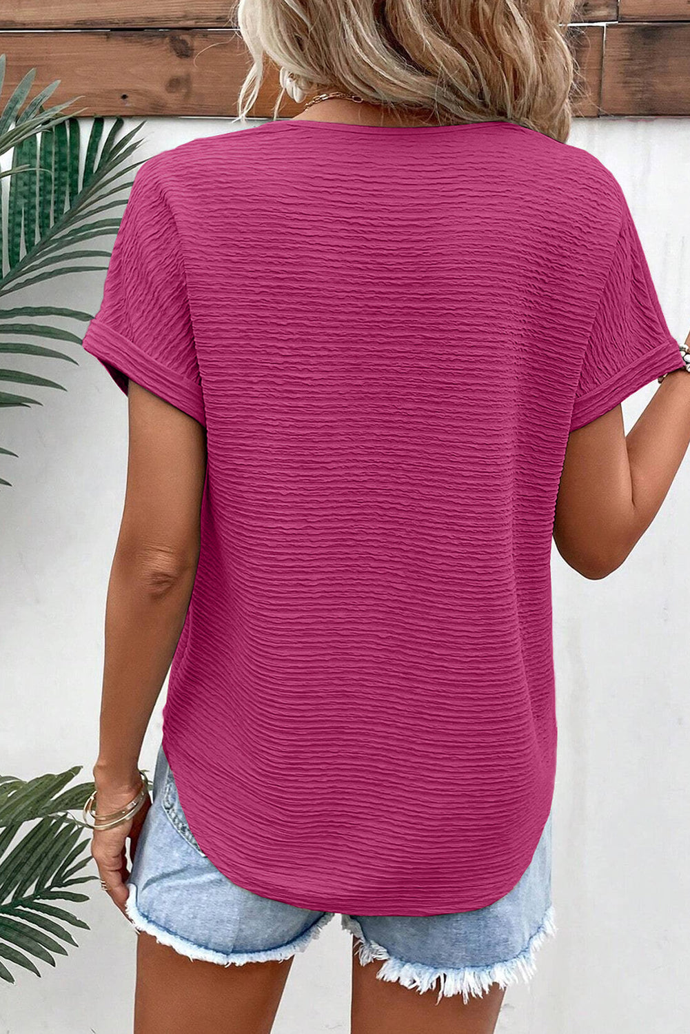 Textured Wide Sleeve V Neck T Shirt