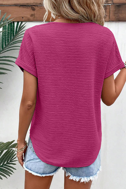 Textured Wide Sleeve V Neck T Shirt