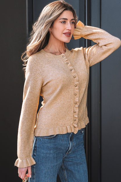 Oatmeal Ruffle Trim Gold Button Sweater Cardigan