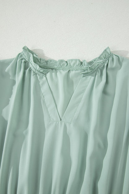 Solid Color V Neck Short Puff Sleeve High Waist Tiered Maxi Dress