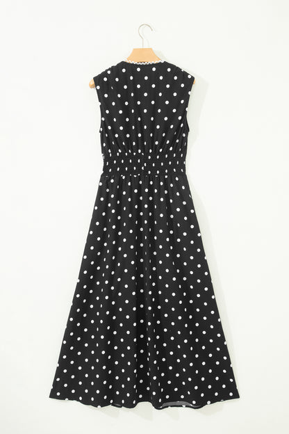 Polka Dot Print Contrast Trim V Neck Zip Up Sleeveless Dress