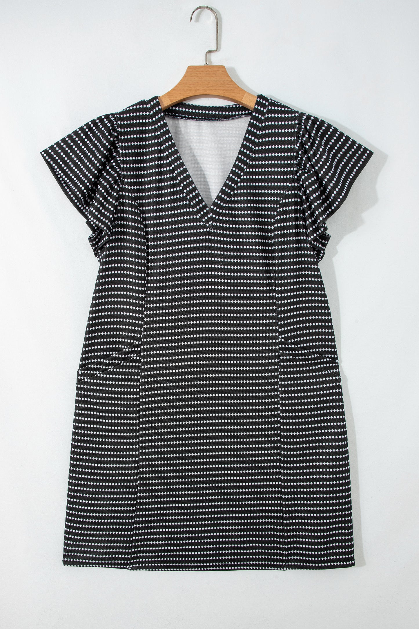 Blue Stripe Textured Knit V Neck Flutter Sleeve Shift Mini Dress