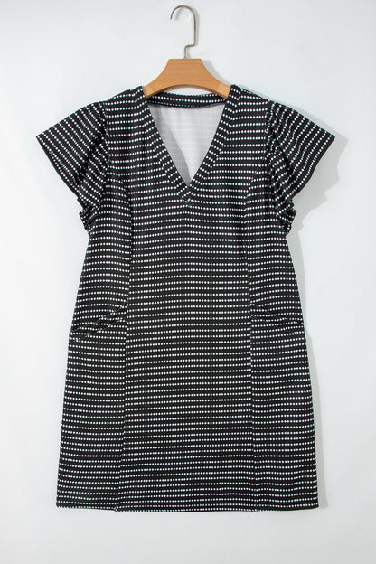 Blue Stripe Textured Knit V Neck Flutter Sleeve Shift Mini Dress