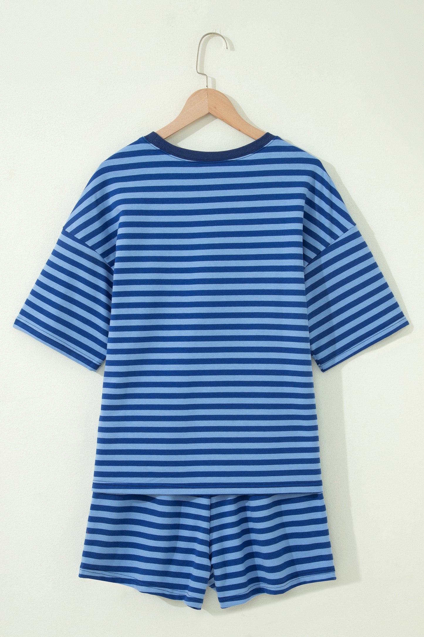 Striped Ribbed Cotton Two-Piece Short Set with Chest Patch Detail