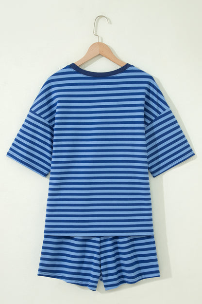 Striped Ribbed Cotton Two-Piece Short Set with Chest Patch Detail