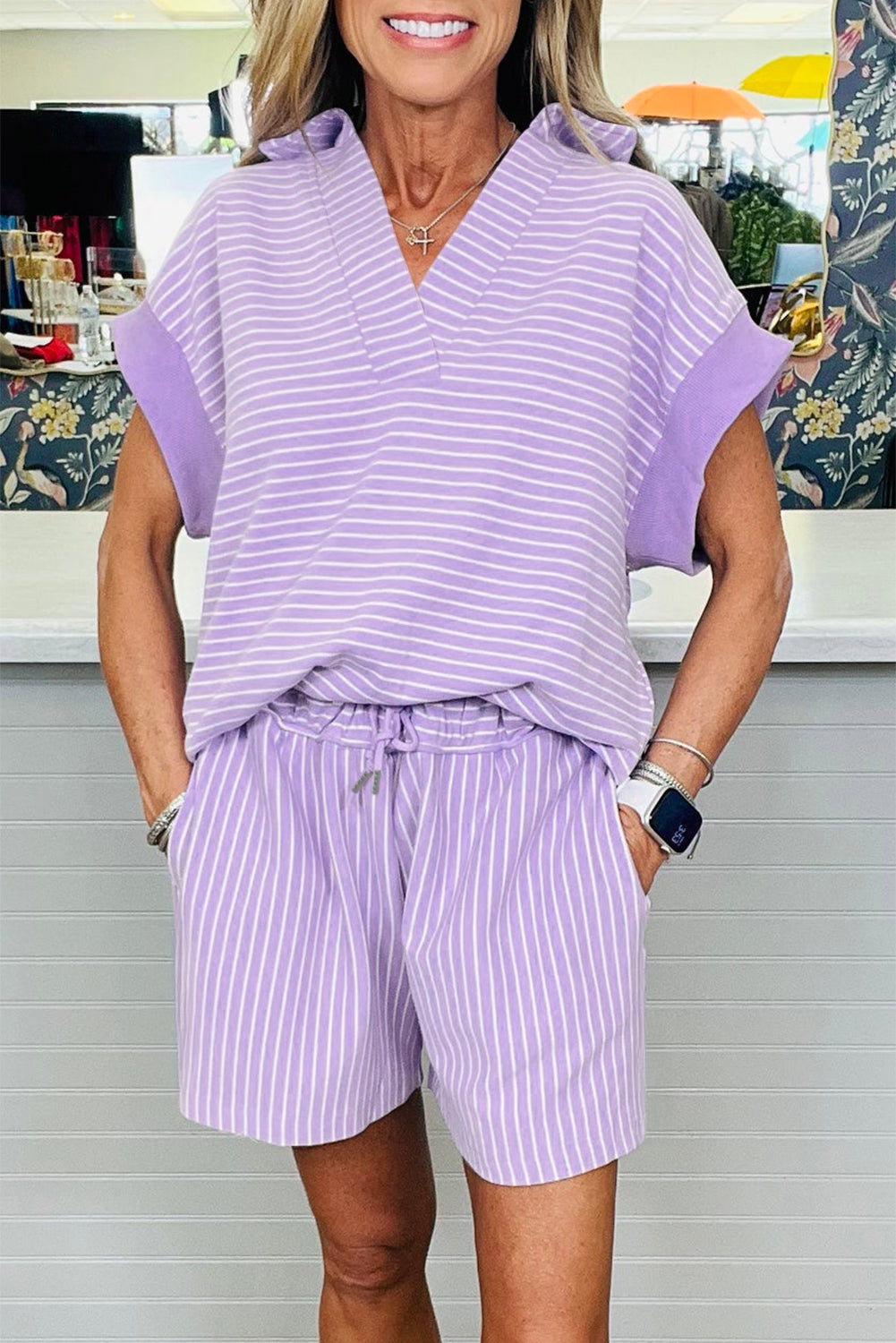 Stripe Dolman Sleeve Polo Shirt and Drawstring Shorts Set