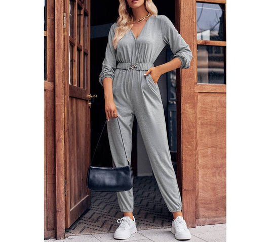 Solid V Neck Pockets Belt Fit Jumpsuit | Jumpsuit - Women's | jumpsuit | Elings
