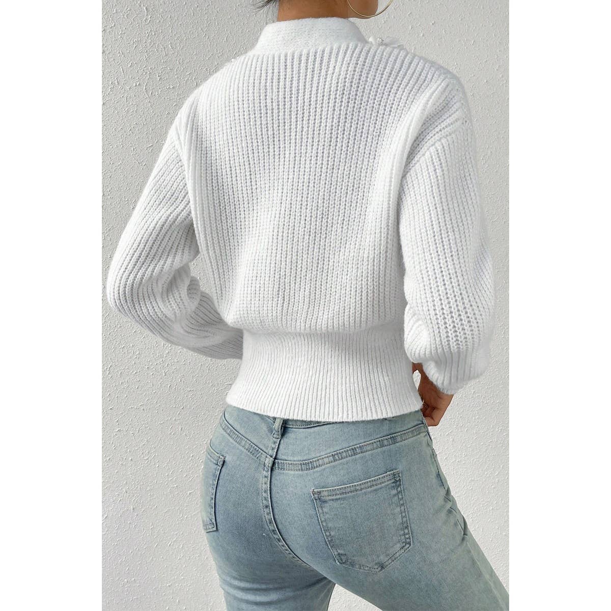 Deep V Double Breasted Pearl Beaded Decor Sweater