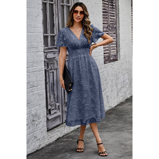 Deep V Ruched Elastic Belt Smocked Midi Dress - Elings