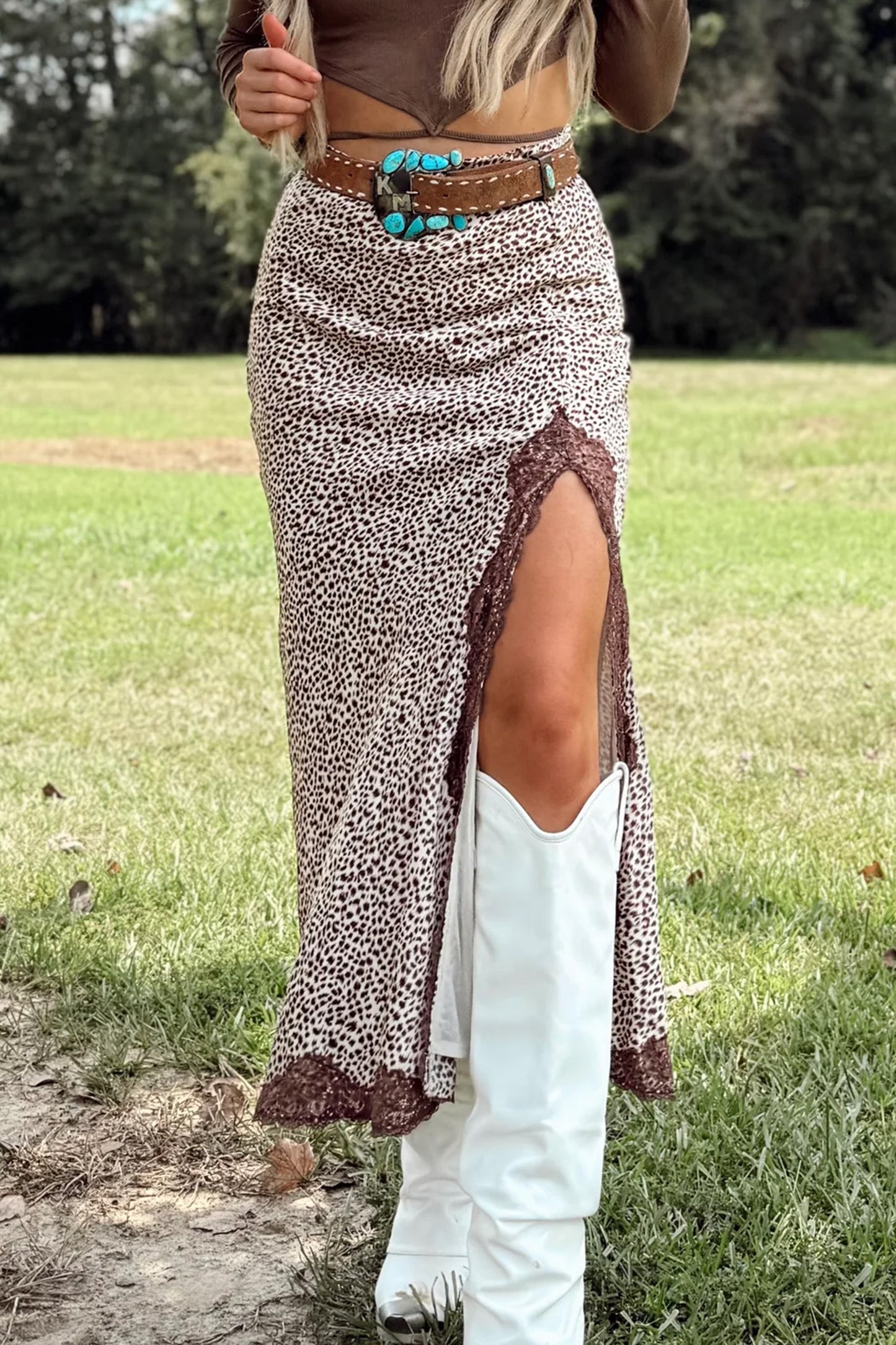 Cheetah Print Trim Split Long Western Skirt