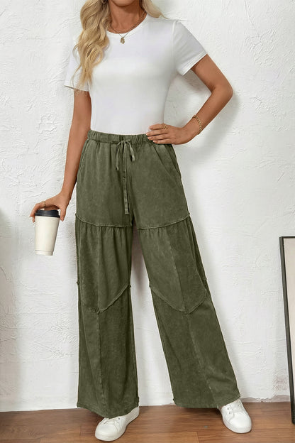Wild Ginger Careys Mineral Wash Tiered Wide Leg Patchwork Drawstring Pants