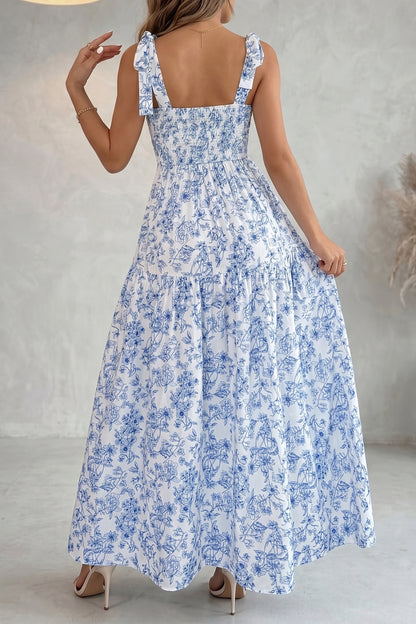 Floral Print Knot Straps High Waist Flared Maxi Dress