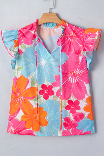 Multicolour Vibrant Flower Printed Tie V Neck Ruffle Trim Sleeveless Blouse