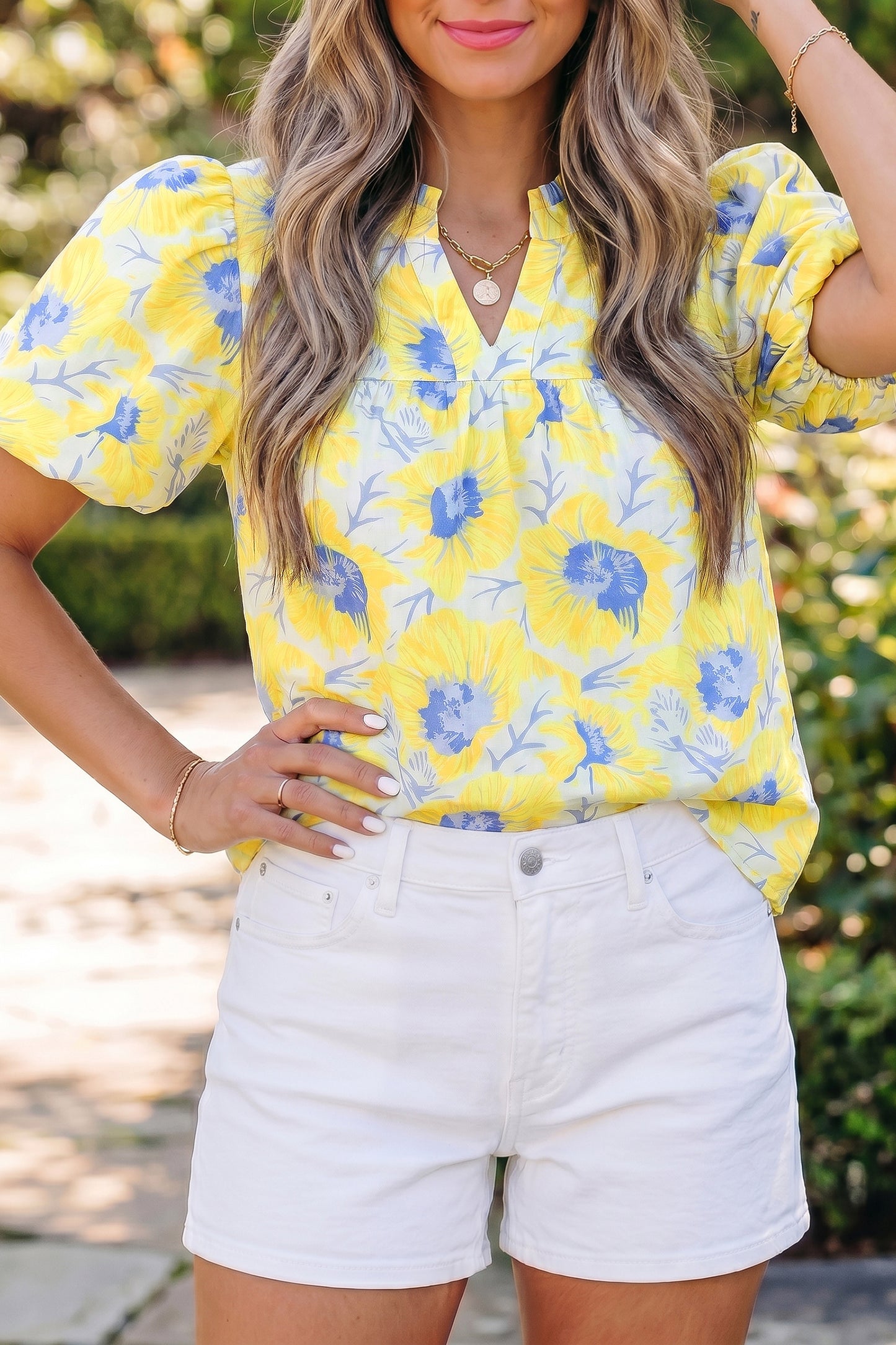 Short Bubble Sleeve Summer Floral Blouse