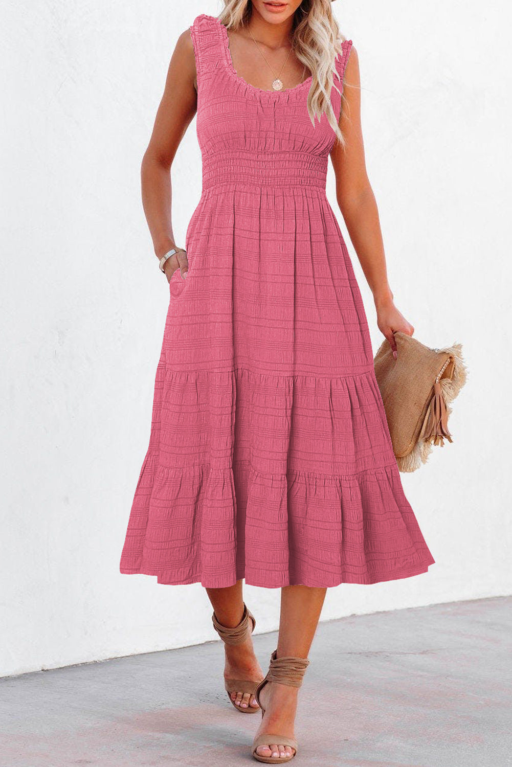 Shirred Pleated Square Neck Sleeveless Midi Dress