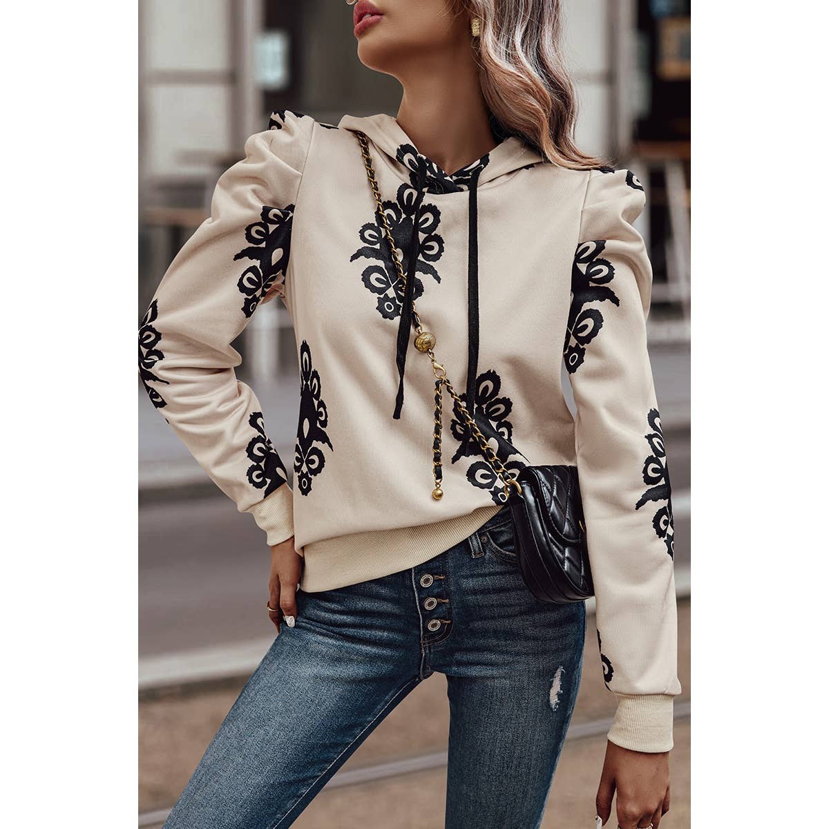 Drawstring Puff Sleeves Loose Hooded Sweatshirt