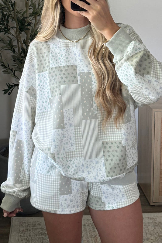 Patchwork Floral Print Drop Shoulder Baggy Pullover Drawstring Shorts Set