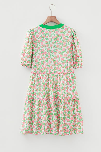 Green Contrast Neckline Ricrac Trim Floral Short Puff Sleeve Dress