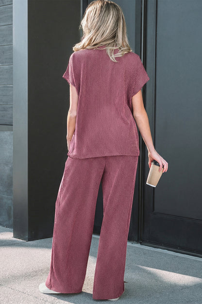 Dark Grey Twisted Ribbed High Neck Loose Tee Elastic High Waist Loose Pant Set