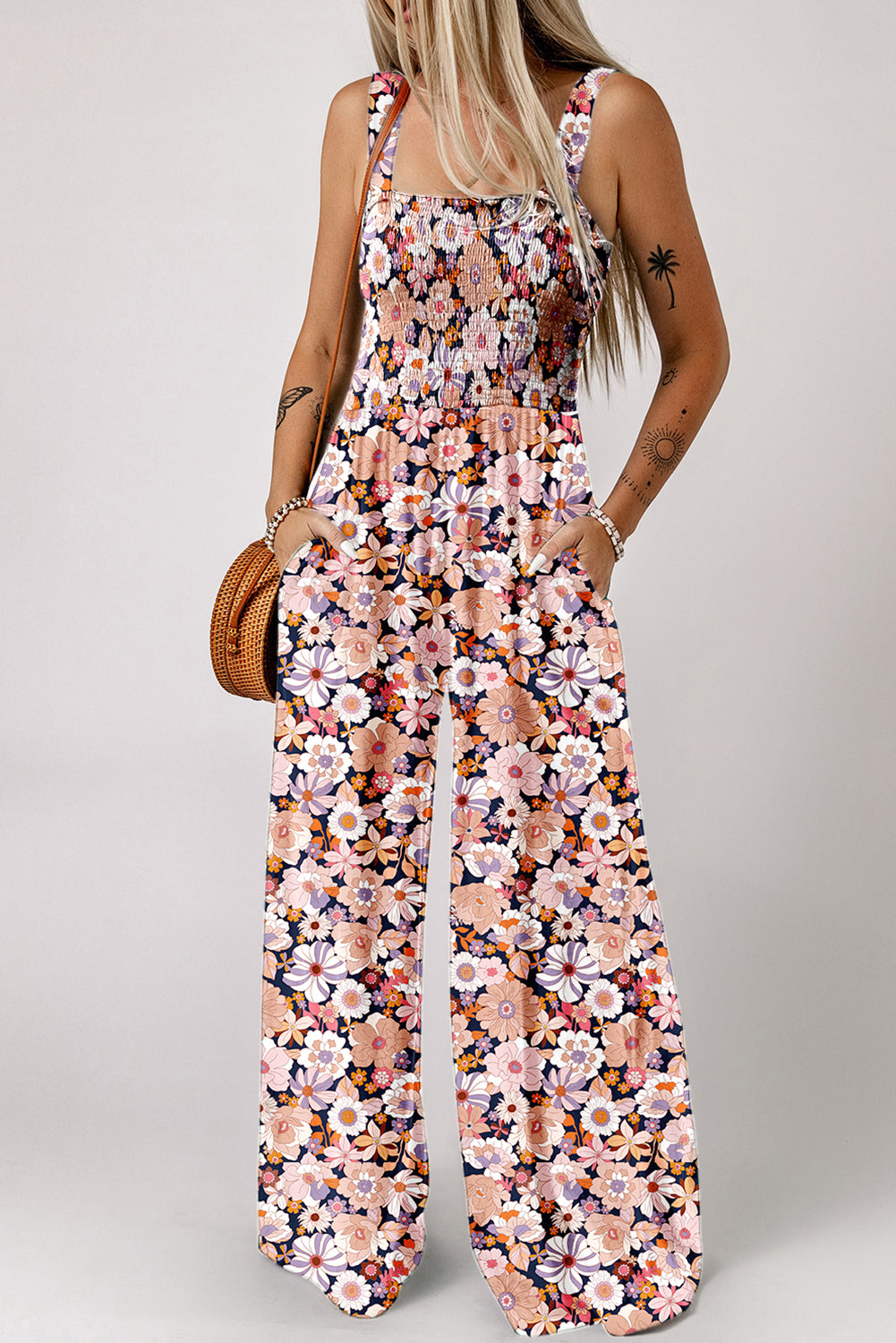 Purple Floral Print Smocked High Waist Square Neck Jumpsuit