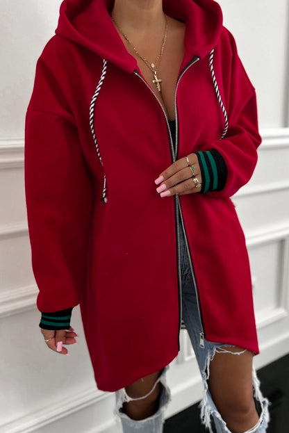 Four Leaf Clover Contrast Cuffed Drop Shoulder Zip up Tunic Hoodie