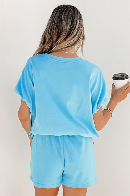 Solid Color Puffy Loose Top Drawstring Shorts 2pcs Outfit