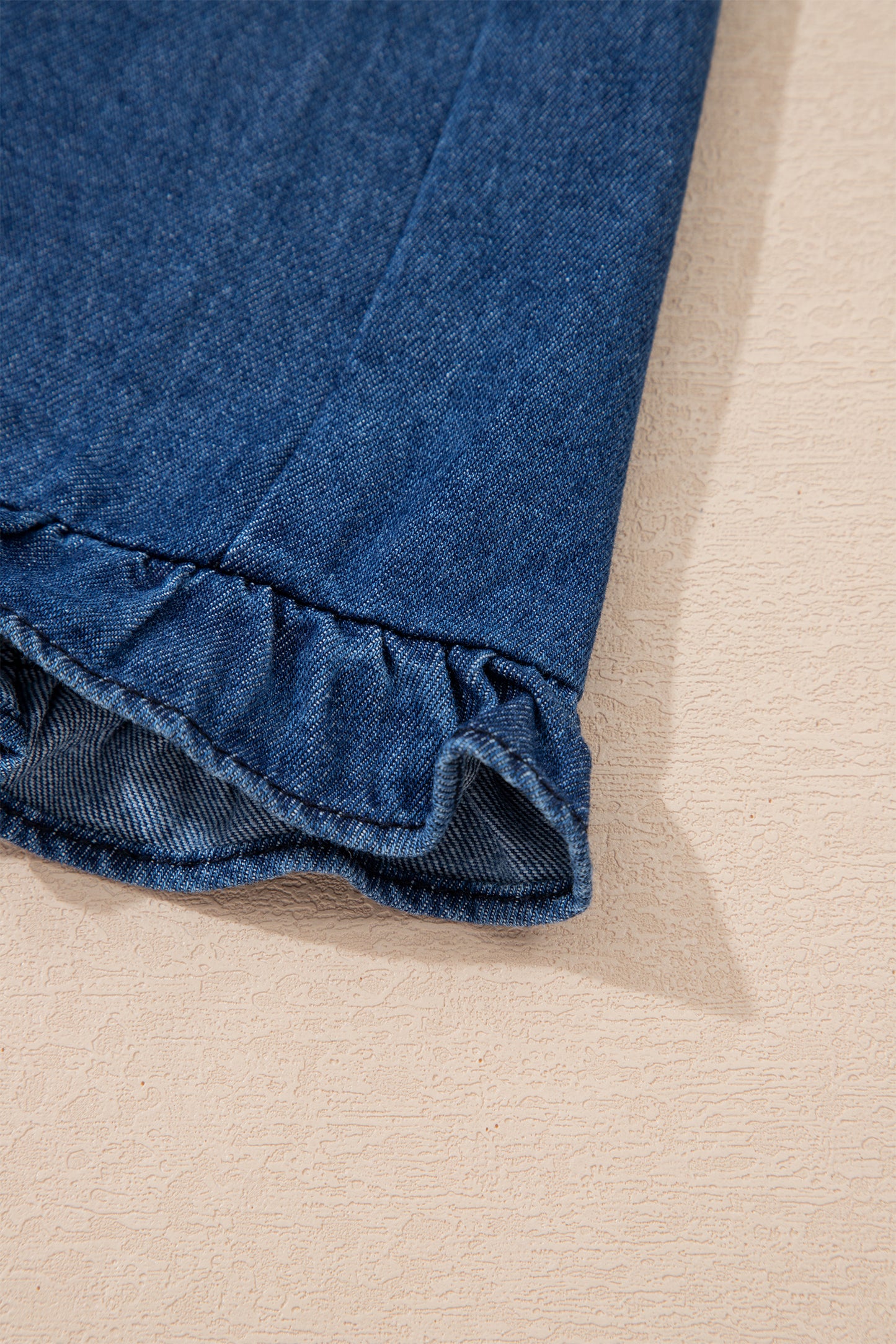 Ruffled Edge Collared Shift Denim Dress with Pockets