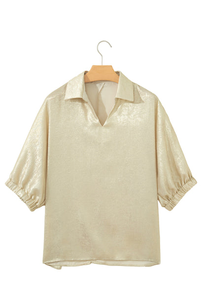 Collared V Neck Half Sleeve Metallic Top