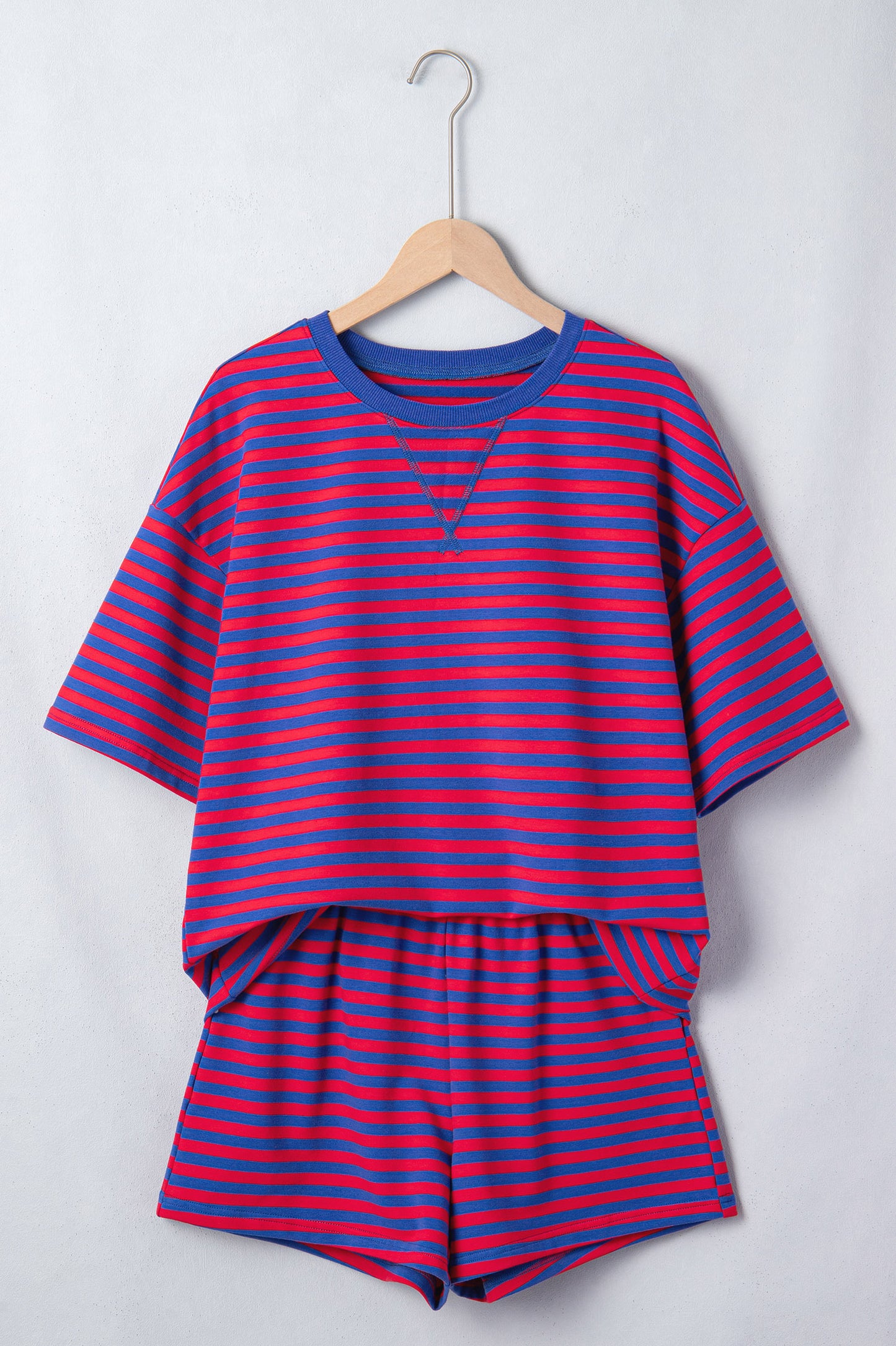 Striped Ribbed Cotton Two-Piece Short Set with Chest Patch Detail