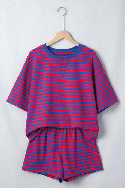 Striped Ribbed Cotton Two-Piece Short Set with Chest Patch Detail