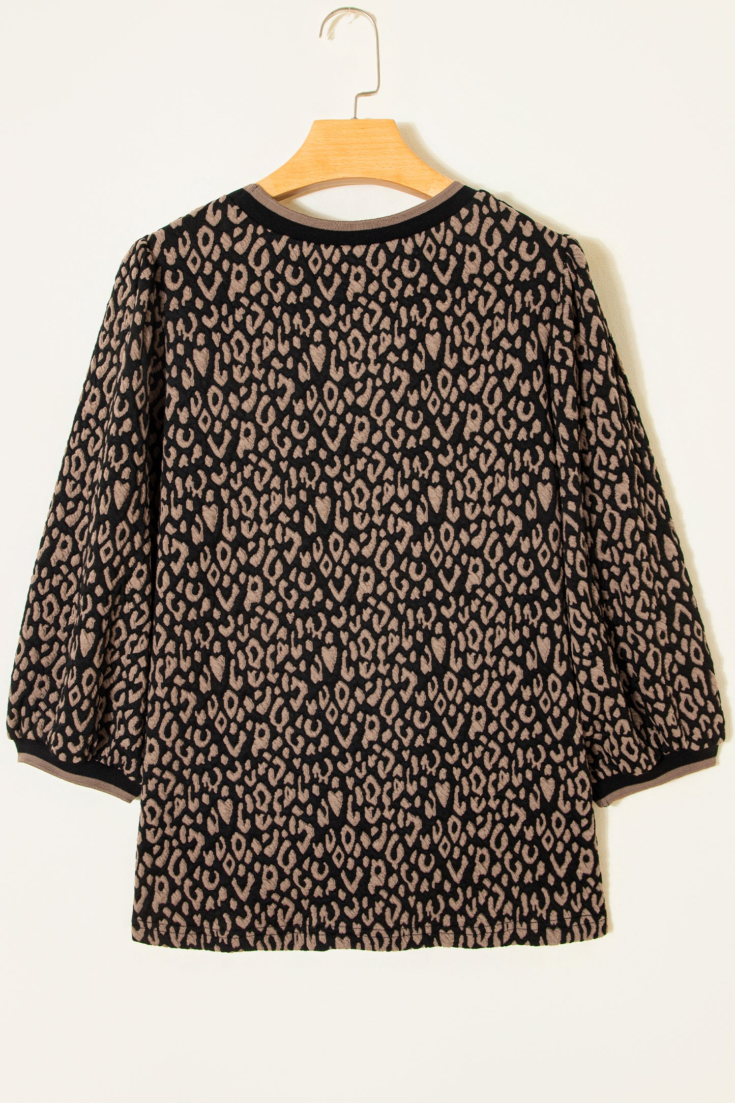 Black Leopard Print Puffy Bracelet Sleeve Contrast Trim Round Neck Top