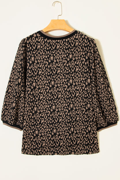 Black Leopard Print Puffy Bracelet Sleeve Contrast Trim Round Neck Top