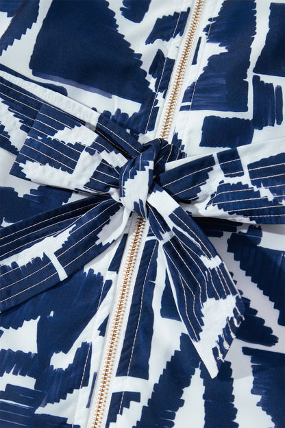 Blue Abstract Geometric Print Zip Front Tie Waist Shift Dress