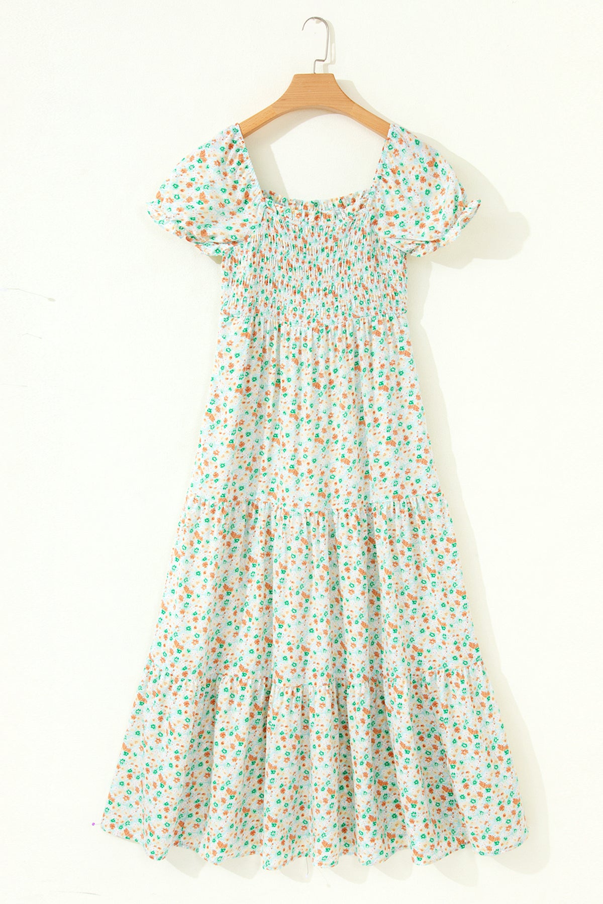 Floral Short Bubble Sleeve Shirred High Waist Maxi Dress