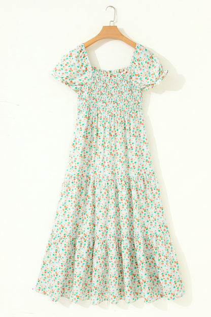 Floral Short Bubble Sleeve Shirred High Waist Maxi Dress