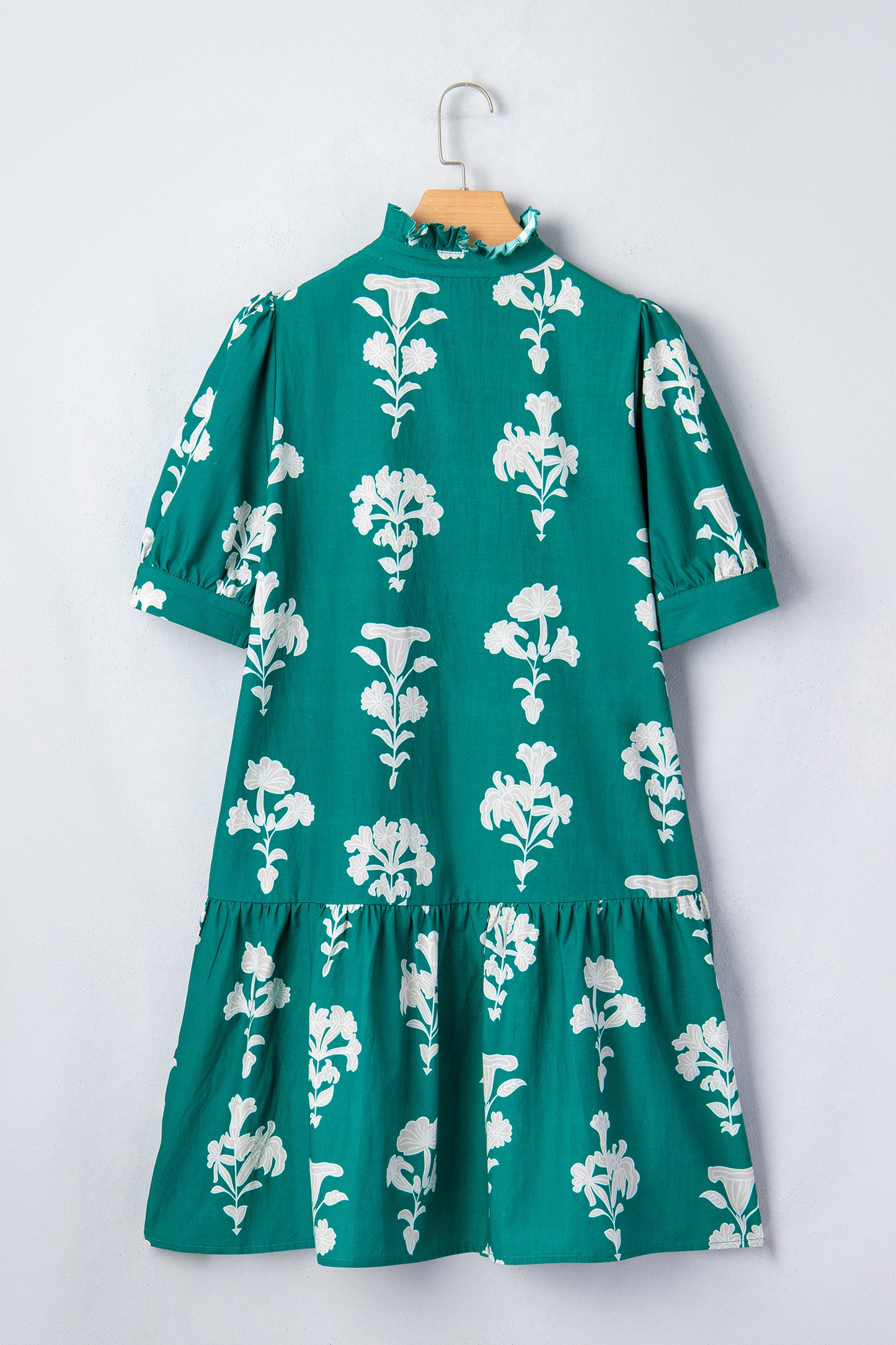 Frilled V Neck Puff Short Sleeve Floral Mini Dress