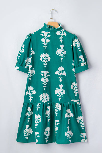 Frilled V Neck Puff Short Sleeve Floral Mini Dress