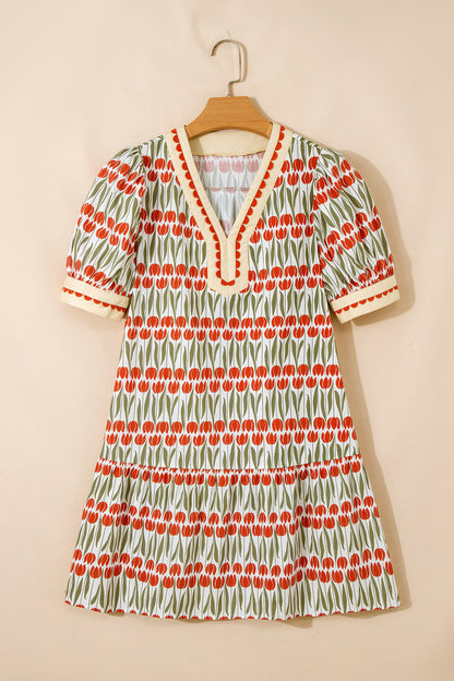 White Tulip Floral Print Cotton Puff Short Sleeve Mini Dress