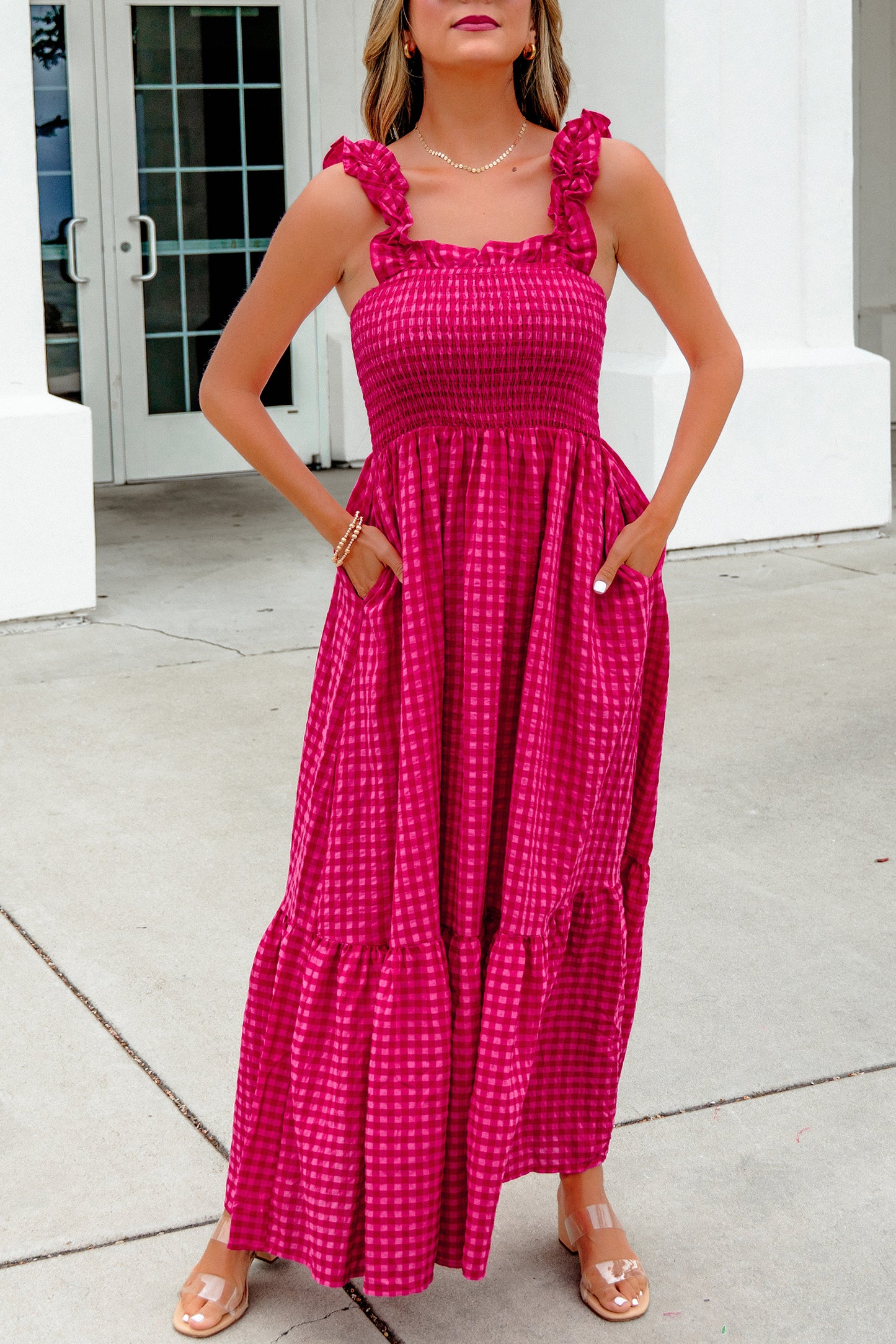 Plaid Square Neck Fit-and-flared Vacation Sundress