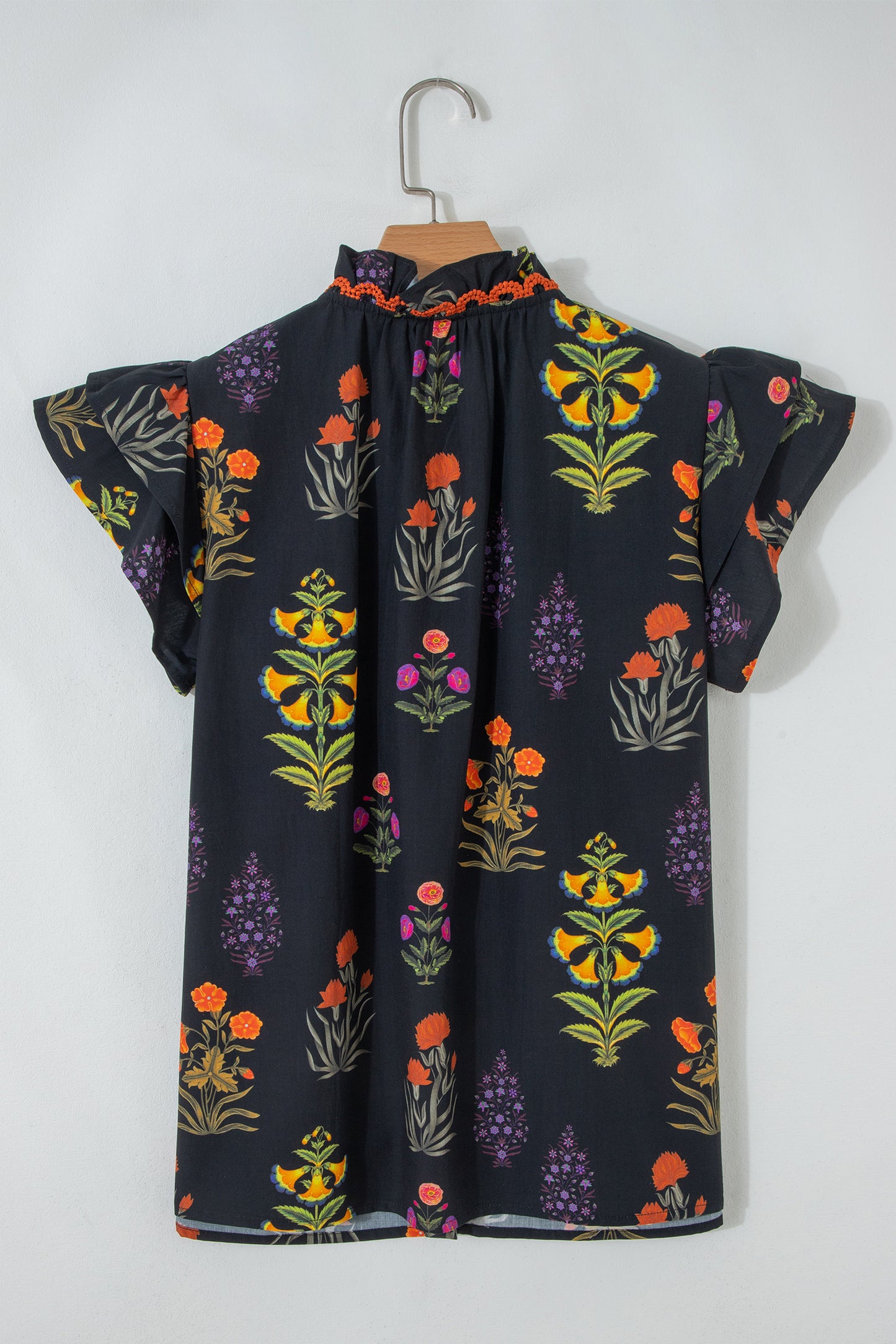 Black Floral Print Lace Trim Frilled V Neck Short Sleeve Shirt