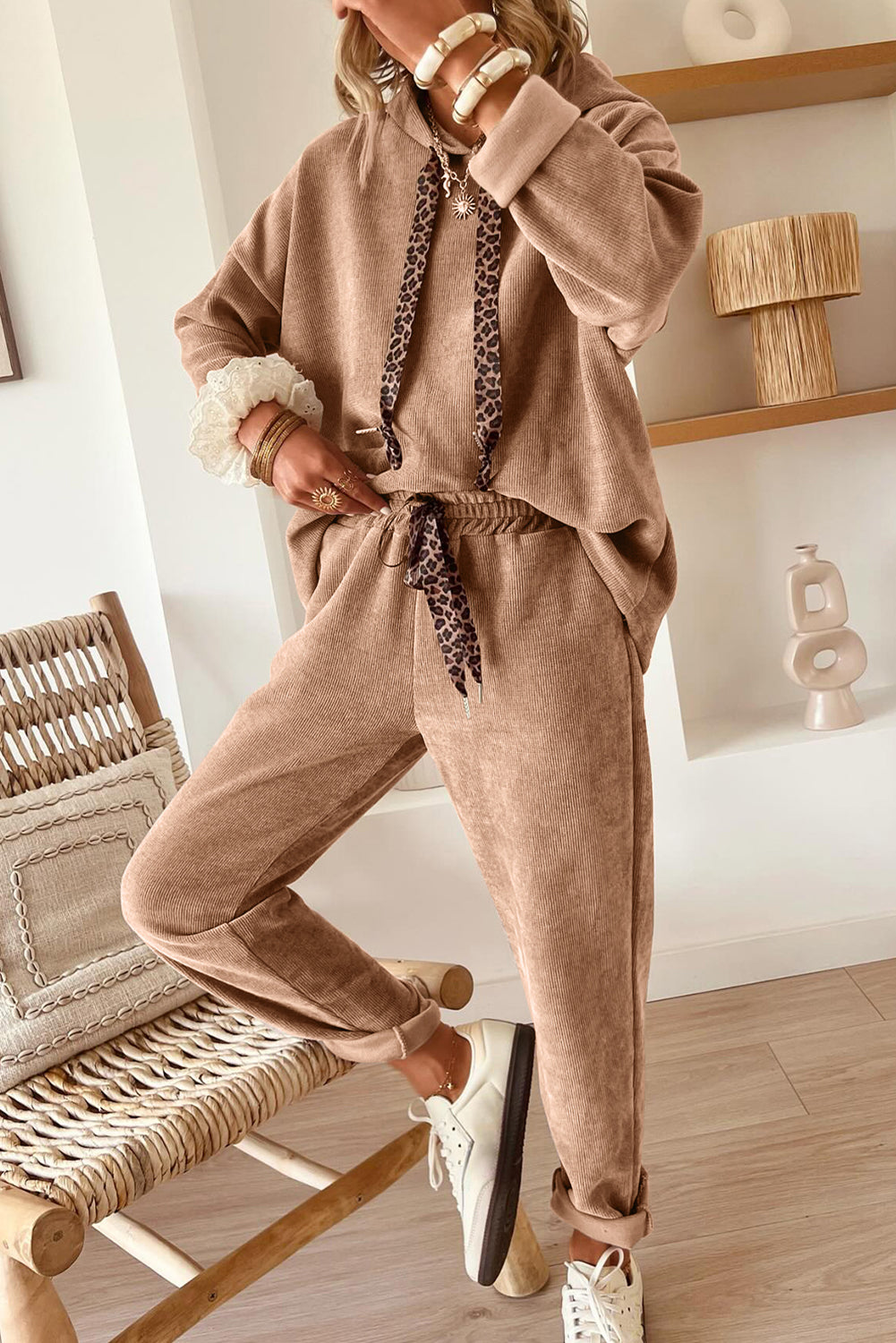 Lace Drawstring Pullover Hoodie and High Waist Pants Corduroy Suit
