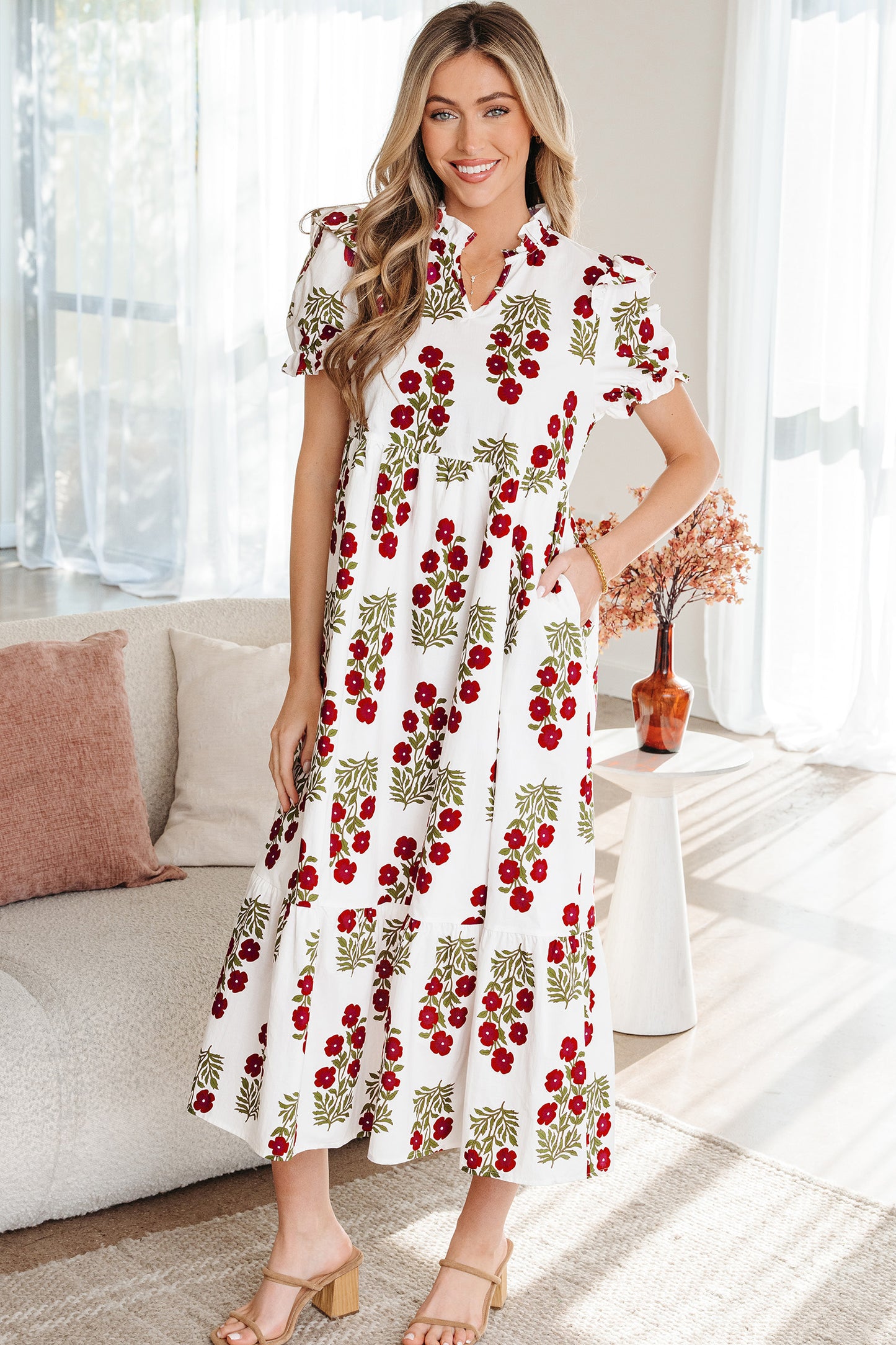 Beige Floral Short Bubble Sleeve Tiered Maxi Dress