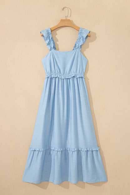 Solid Color Ruffle Trim High Waist Sleeveless Maxi Dress