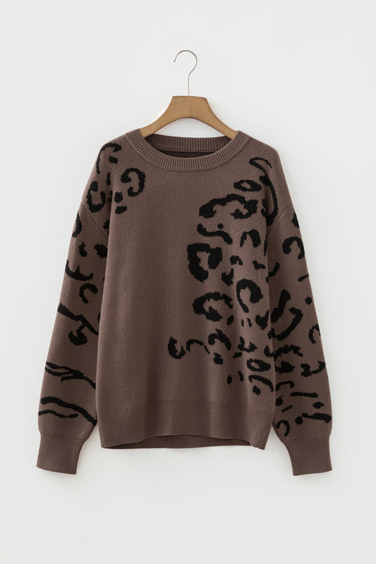 Camel Asymmetric Leopard Print Detail Drop Shoulder Sweater